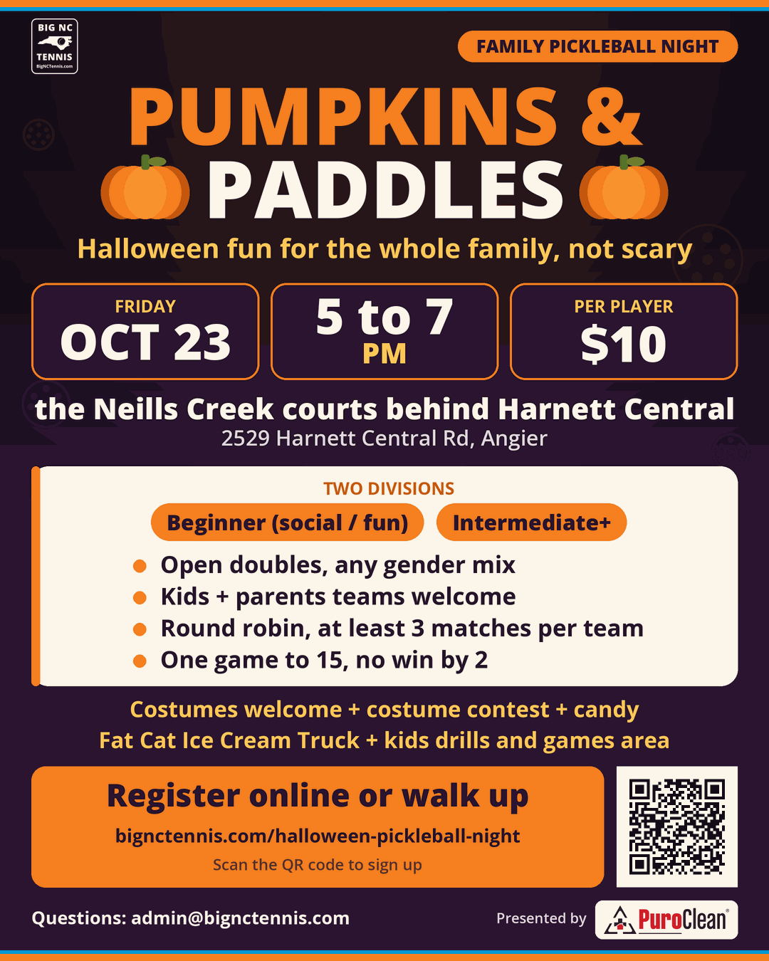 Pumpkins and Paddles flyer: family pickleball night, Friday Oct 23, 5:00 to 7:00 PM at the Neills Creek courts behind Harnett Central